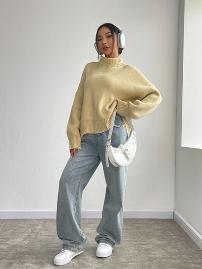 Gray Turtleneck Dropped Shoulder Sweater