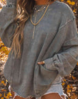 Dim Gray Twisted Plunge Neck Dropped Shoulder Sweatshirt