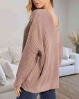 Rosy Brown V-Neck Batwing Dropped Shoulder Sweater