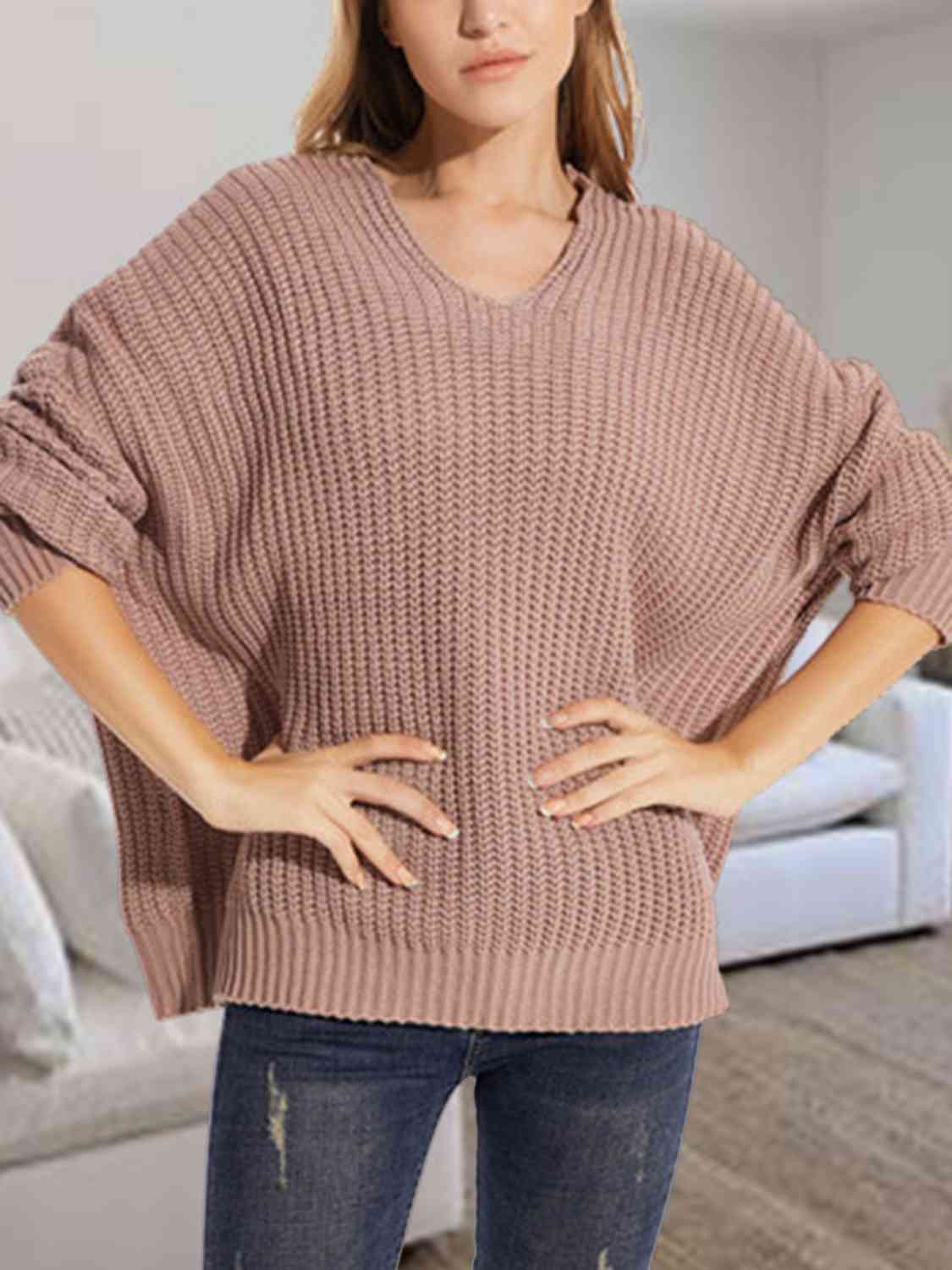 Rosy Brown V-Neck Batwing Dropped Shoulder Sweater