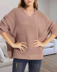 Rosy Brown V-Neck Batwing Dropped Shoulder Sweater