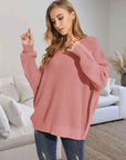 Rosy Brown V-Neck Batwing Dropped Shoulder Sweater