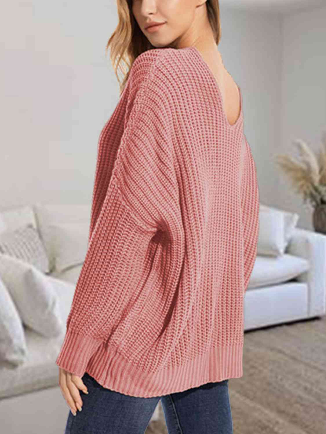 Rosy Brown V-Neck Batwing Dropped Shoulder Sweater