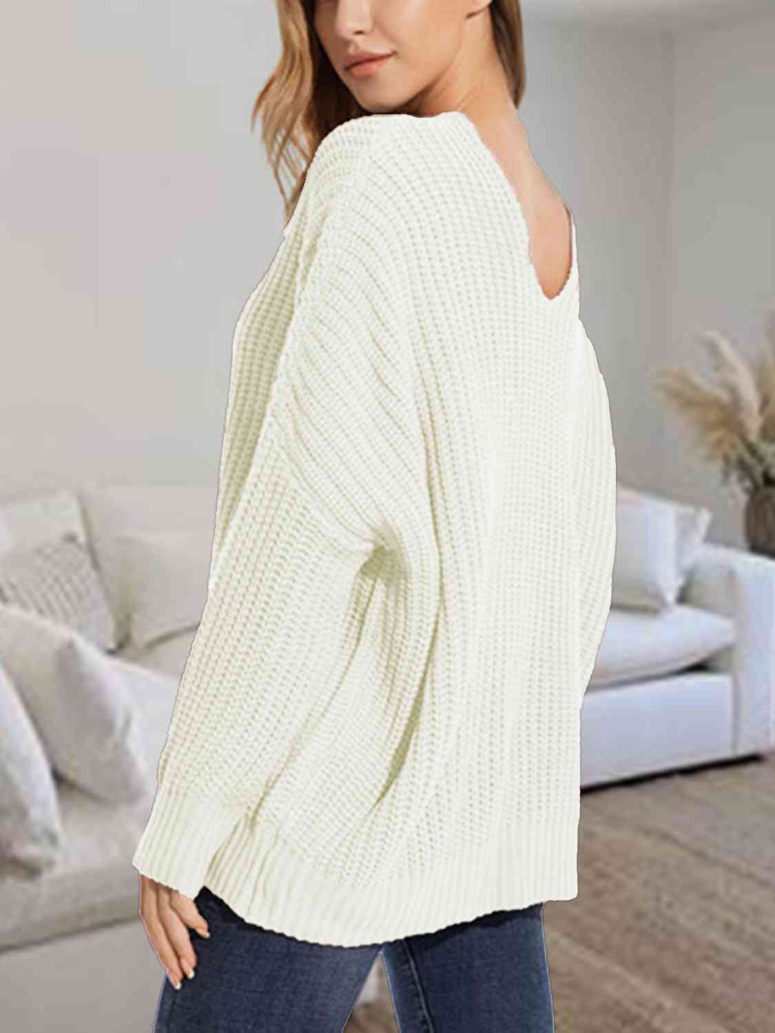 Gray V-Neck Batwing Dropped Shoulder Sweater