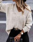 Gray V-Neck Cable-Knit Long Sleeve Sweater