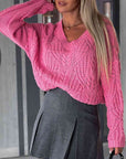 Dim Gray V-Neck Cable-Knit Long Sleeve Sweater