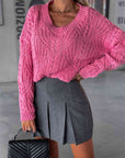 Dim Gray V-Neck Cable-Knit Long Sleeve Sweater