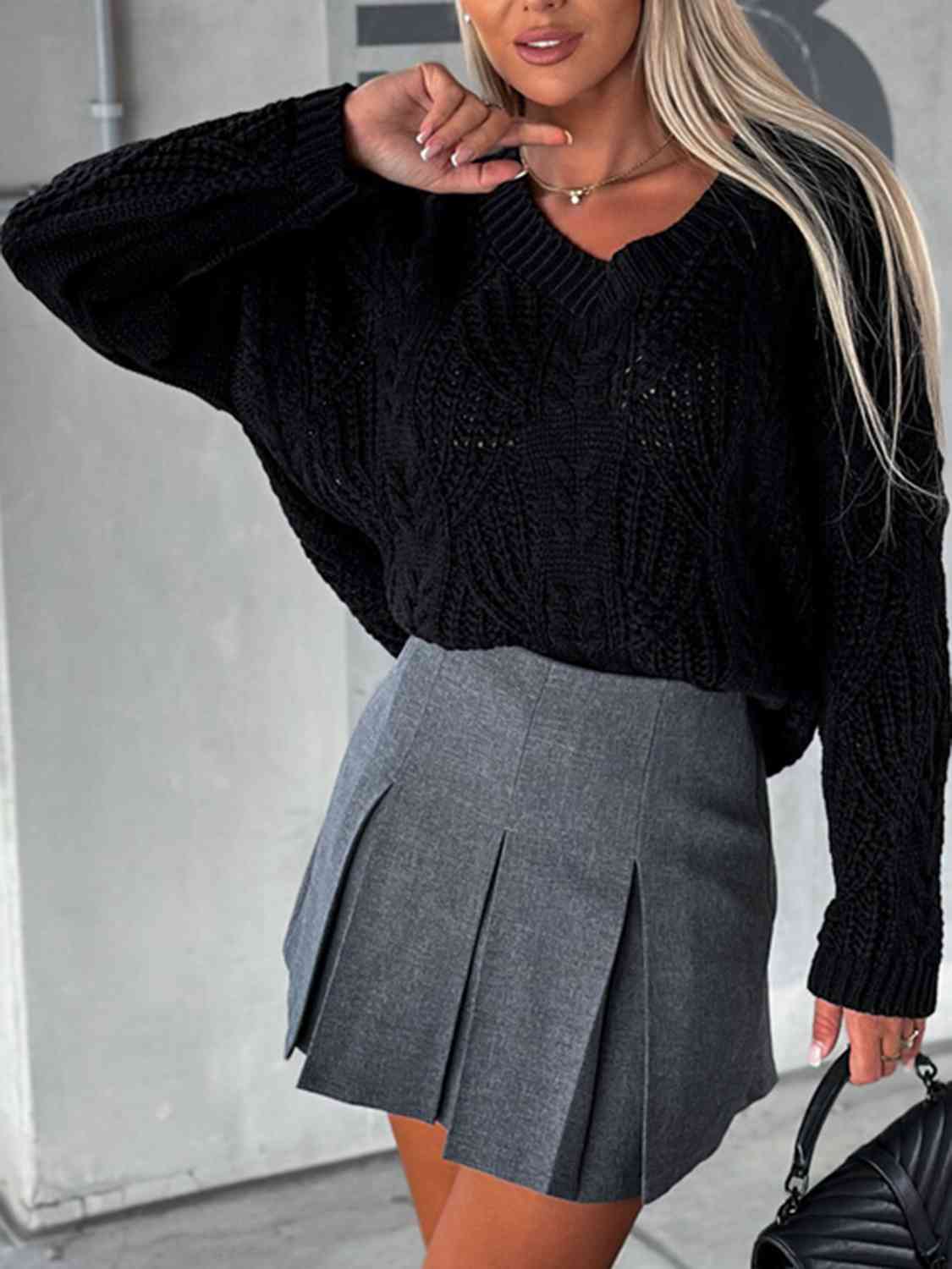 Black V-Neck Cable-Knit Long Sleeve Sweater