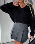 Black V-Neck Cable-Knit Long Sleeve Sweater