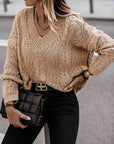 Rosy Brown V-Neck Cable-Knit Long Sleeve Sweater