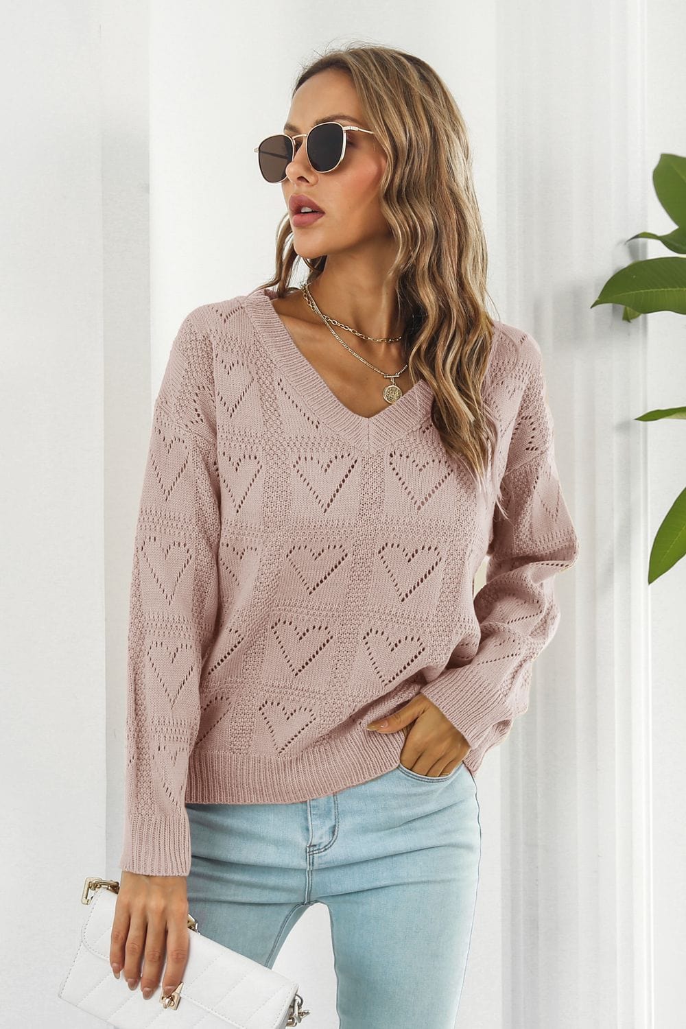 Light Gray V-Neck Drop Shoulder Sweater