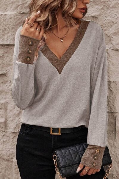 Rosy Brown V-Neck Dropped Shoulder Blouse