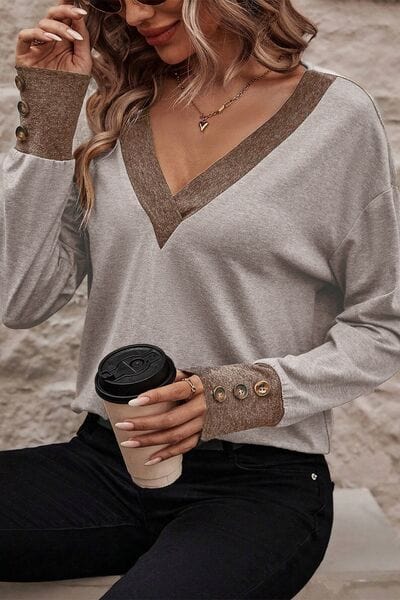 Dim Gray V-Neck Dropped Shoulder Blouse