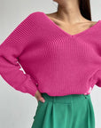 Maroon V-Neck Dropped Shoulder Long Sleeve Sweater