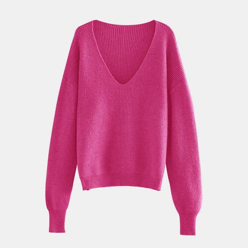 Maroon V-Neck Dropped Shoulder Long Sleeve Sweater