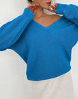 Light Gray V-Neck Dropped Shoulder Long Sleeve Sweater