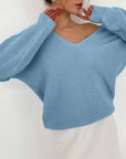 Light Gray V-Neck Dropped Shoulder Long Sleeve Sweater