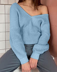 Light Slate Gray V-Neck Dropped Shoulder Long Sleeve Sweater