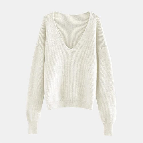 White Smoke V-Neck Dropped Shoulder Long Sleeve Sweater