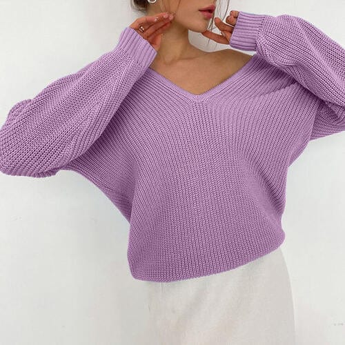 Light Gray V-Neck Dropped Shoulder Long Sleeve Sweater