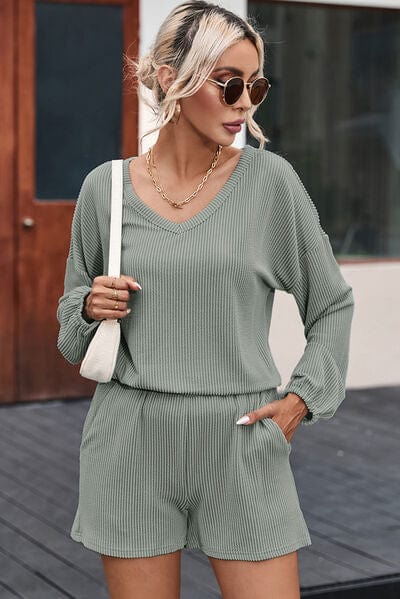 Dim Gray V-Neck Dropped Shoulder Top and Shorts Set