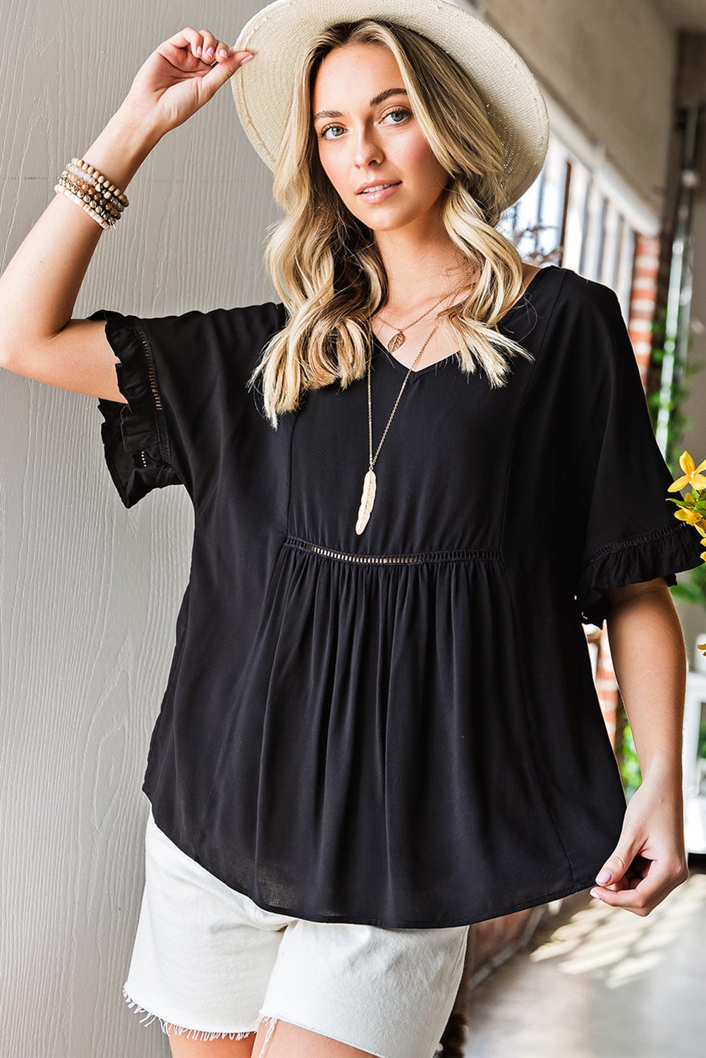 Gray V-Neck Flounce Sleeve Babydoll Blouse