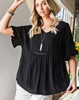 Gray V-Neck Flounce Sleeve Babydoll Blouse