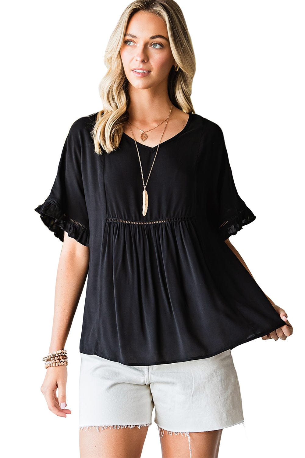 Black V-Neck Flounce Sleeve Babydoll Blouse