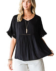 Black V-Neck Flounce Sleeve Babydoll Blouse