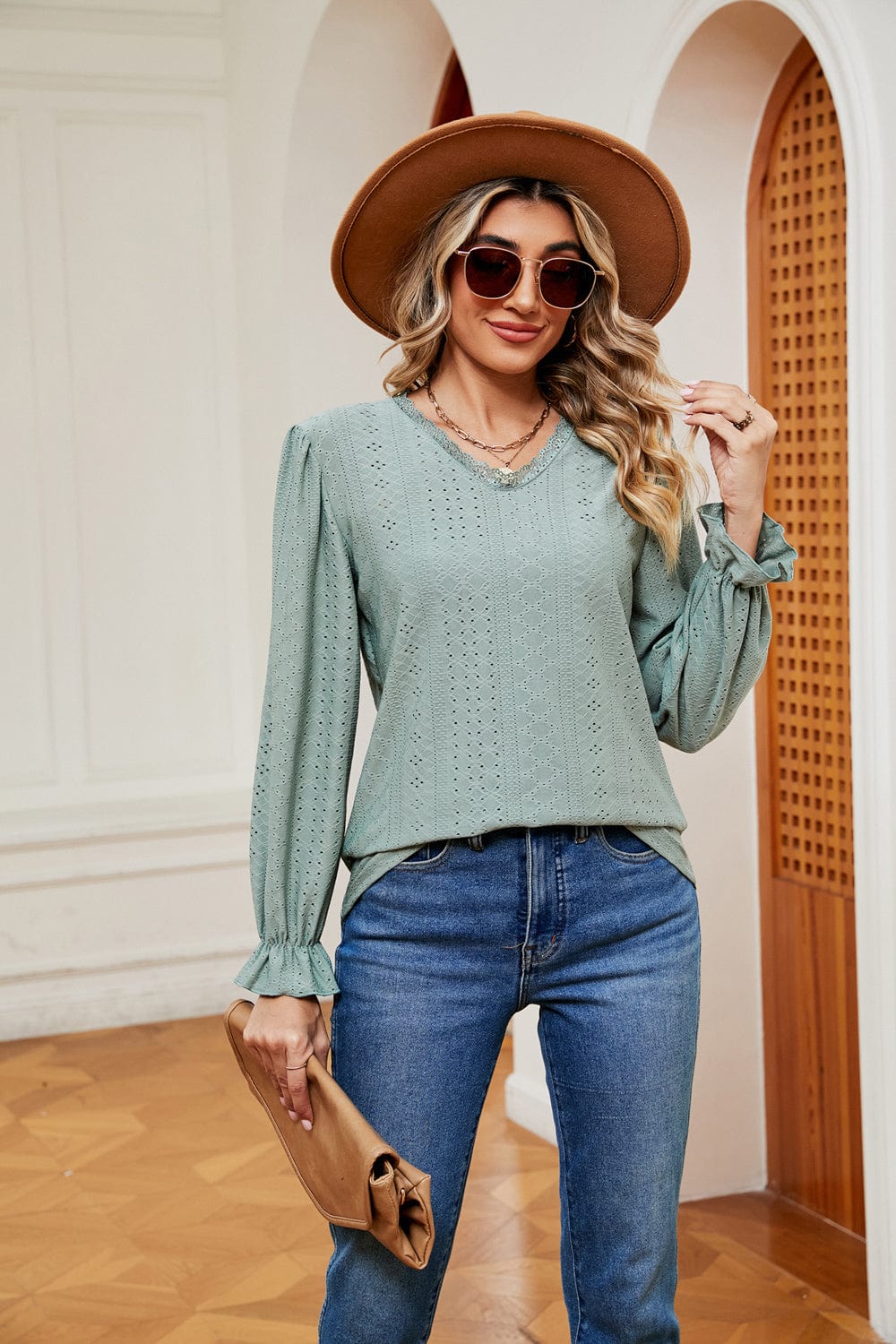 Gray V-Neck Flounce Sleeve Blouse