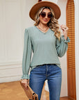 Gray V-Neck Flounce Sleeve Blouse