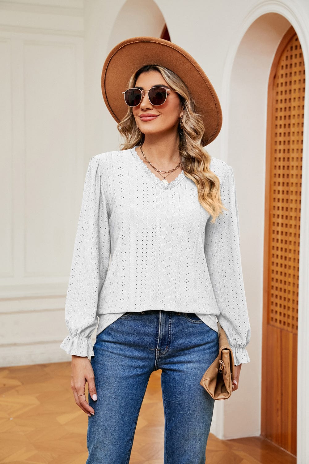 Light Gray V-Neck Flounce Sleeve Blouse