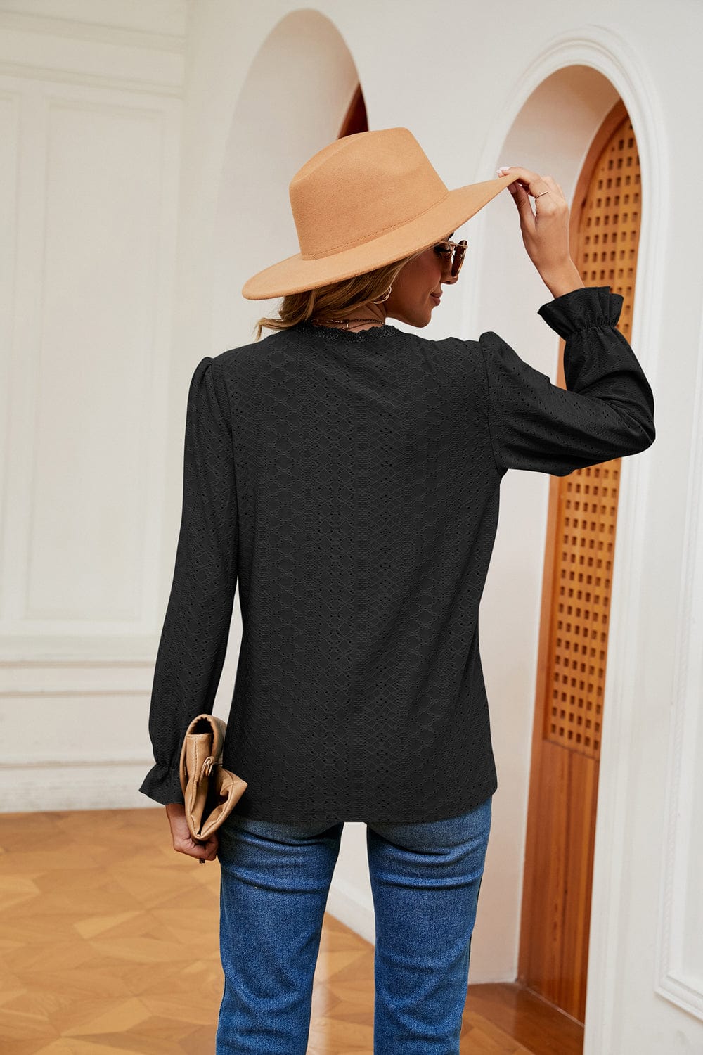 Dark Slate Gray V-Neck Flounce Sleeve Blouse