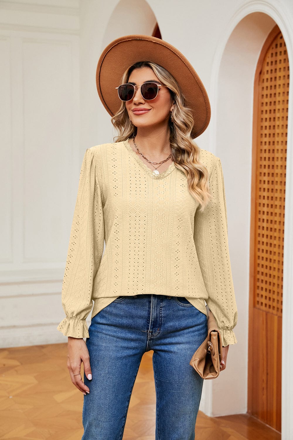 Light Gray V-Neck Flounce Sleeve Blouse