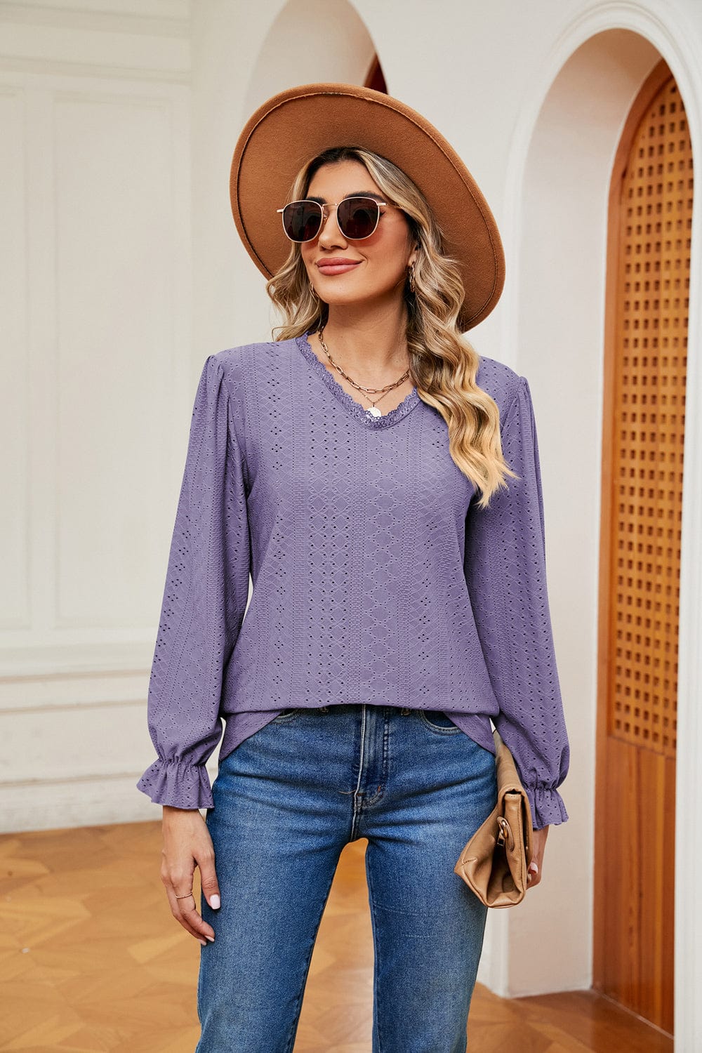 Gray V-Neck Flounce Sleeve Blouse