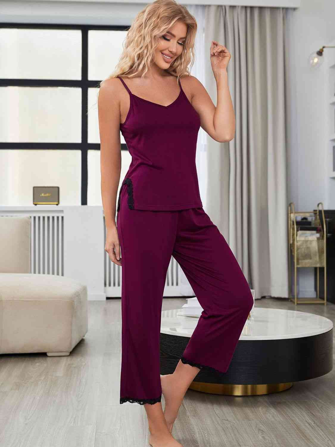 Gray V-Neck Lace Trim Slit Cami and Pants Pajama Set