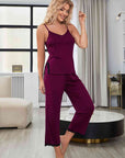 Gray V-Neck Lace Trim Slit Cami and Pants Pajama Set