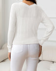 Light Gray V-Neck Long Sleeve Eyelet Knit Top