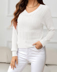 Light Gray V-Neck Long Sleeve Eyelet Knit Top