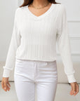 Light Gray V-Neck Long Sleeve Eyelet Knit Top