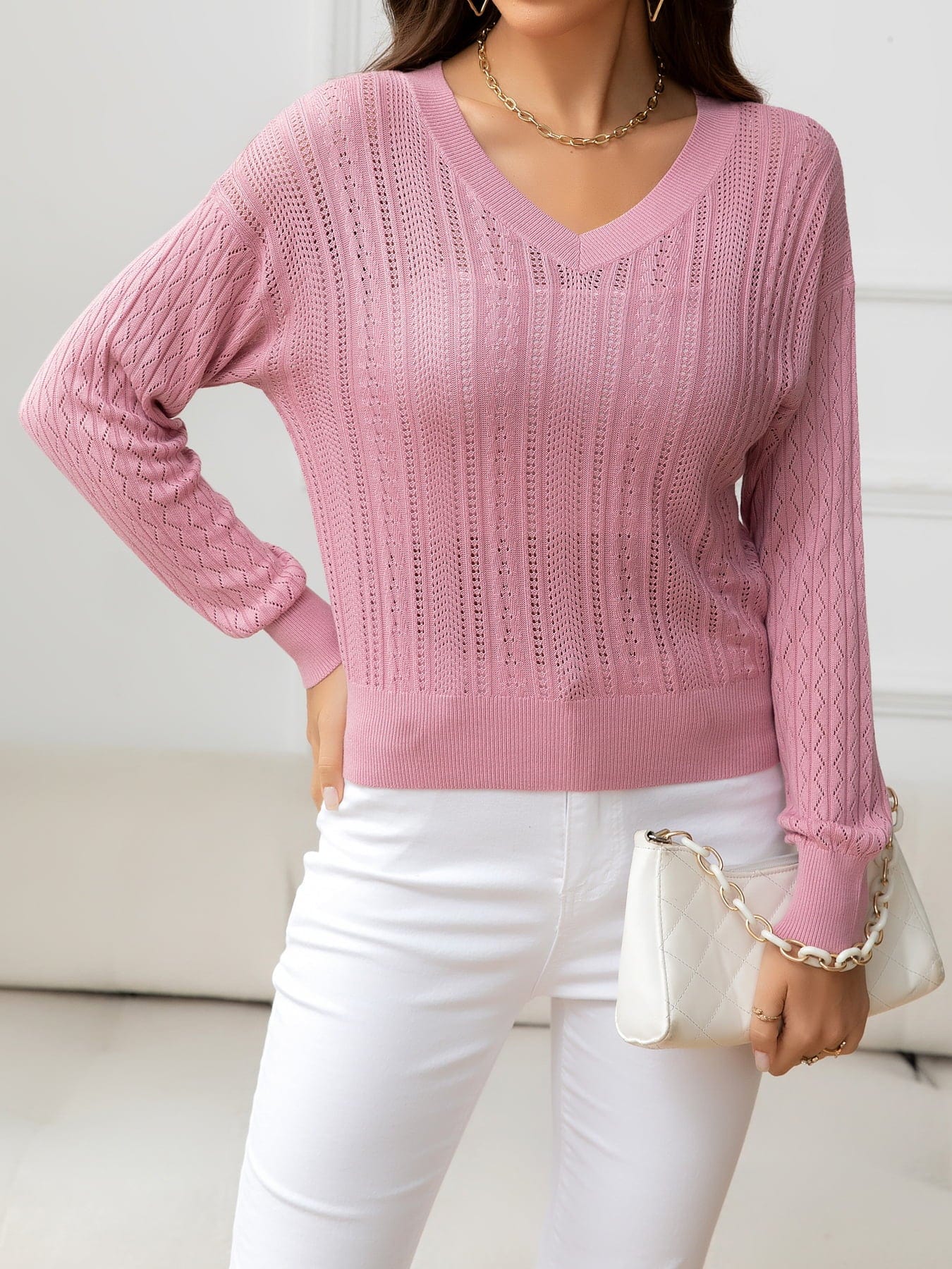 Light Gray V-Neck Long Sleeve Eyelet Knit Top