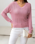 Light Gray V-Neck Long Sleeve Eyelet Knit Top