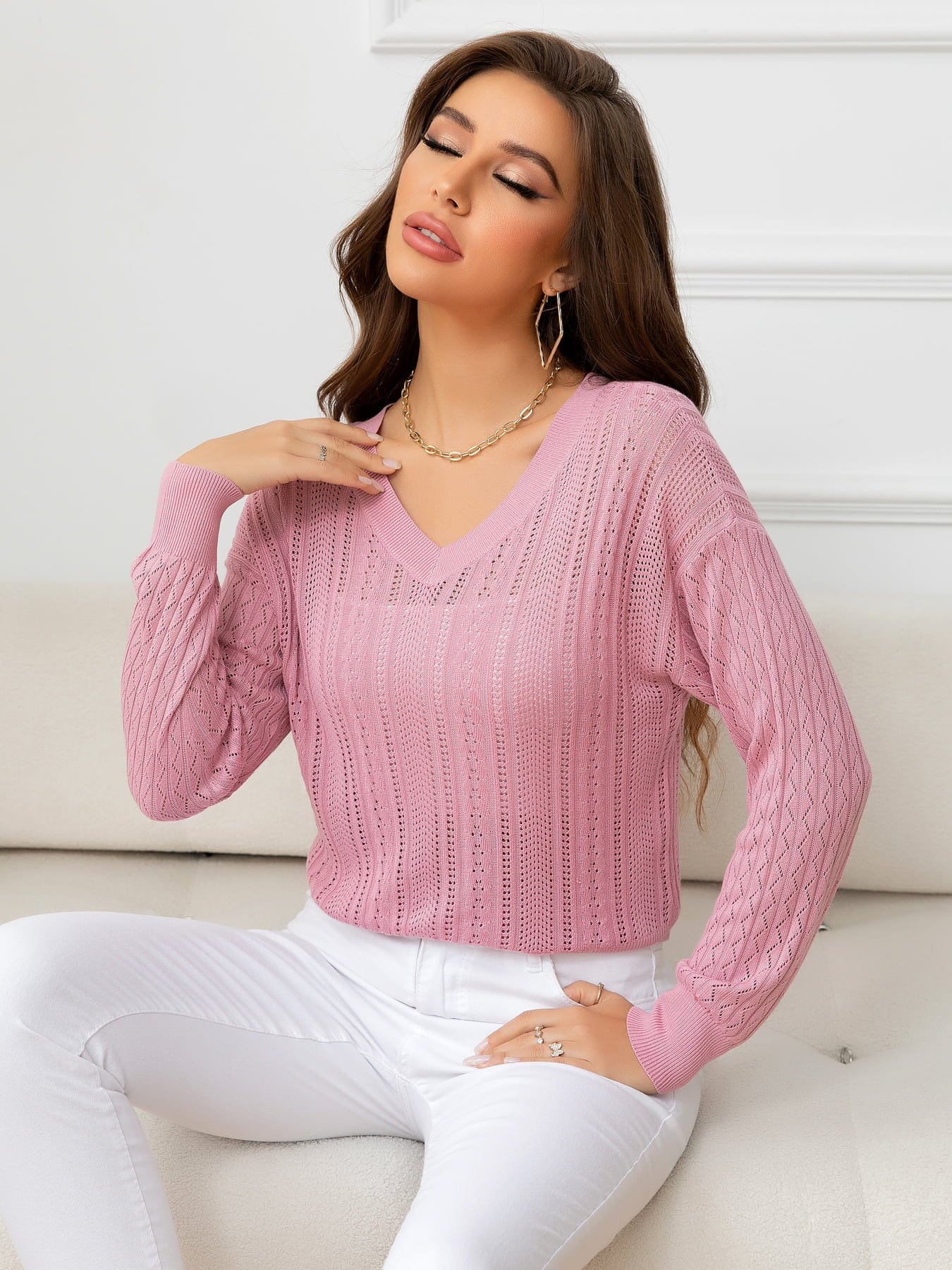 Light Gray V-Neck Long Sleeve Eyelet Knit Top