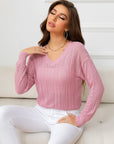 Light Gray V-Neck Long Sleeve Eyelet Knit Top