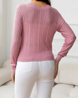 Light Gray V-Neck Long Sleeve Eyelet Knit Top