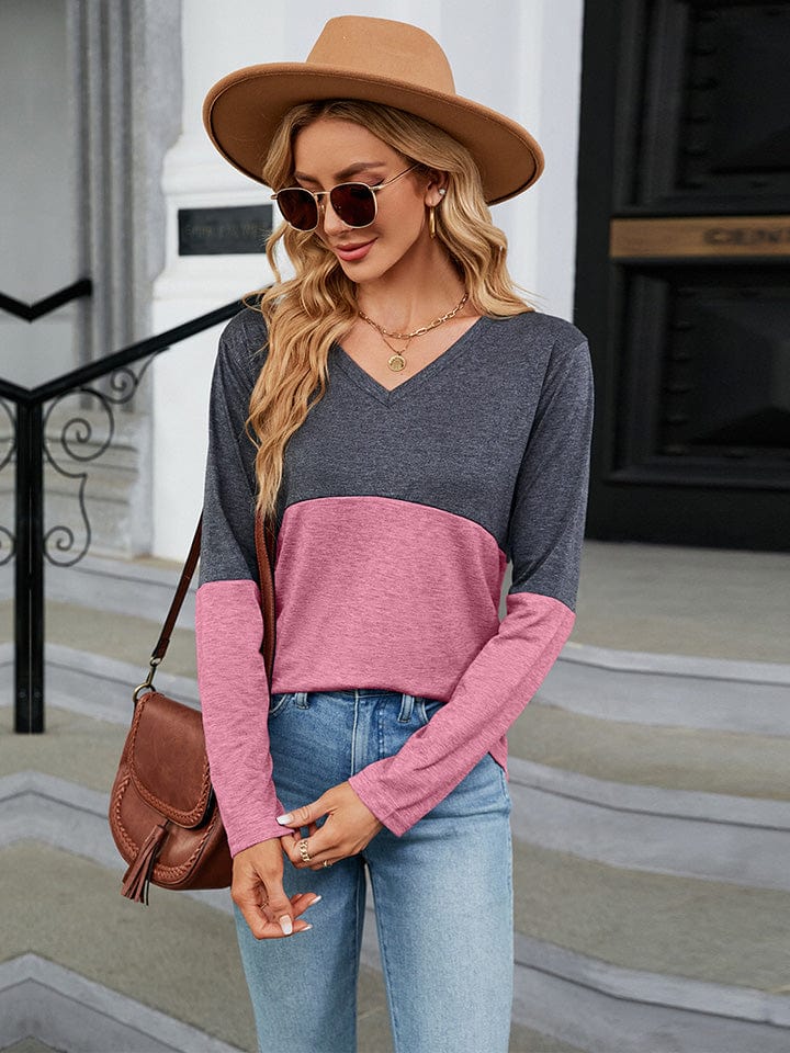 Slate Gray V-Neck Long Sleeve Two-Tone T-Shirt