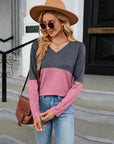 Slate Gray V-Neck Long Sleeve Two-Tone T-Shirt