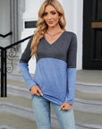 Light Slate Gray V-Neck Long Sleeve Two-Tone T-Shirt