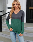 Light Slate Gray V-Neck Long Sleeve Two-Tone T-Shirt