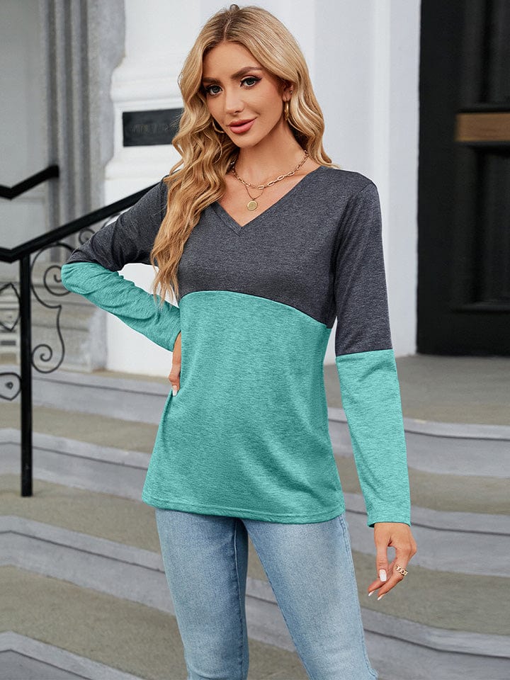 Light Slate Gray V-Neck Long Sleeve Two-Tone T-Shirt